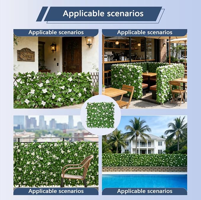 Expandable Privacy Screen with Artificial Flower for Balcony Patio Fence Greenery Privacy Fence Outdoor White Flowers 4pcs