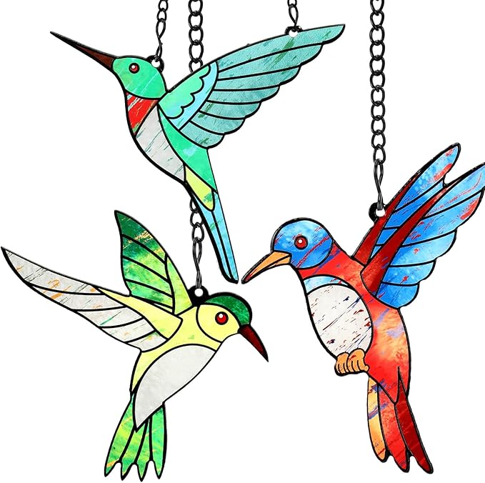 3 Pieces Hummingbird Stained Glass Gift Window Hanging Ornament Suncatcher Window Decoration for Women Mom Bird Lovers Valentines Mother's Day Christmas