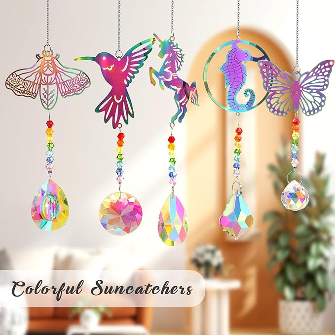 Crystal Suncatchers with Prisms Hanging Window Sun Catcher Decor Indoor Rainbow Maker Ornament Hummingbird Butterfly Prism Suncatchers Gift, Animal Sun Catchers Pack of 5