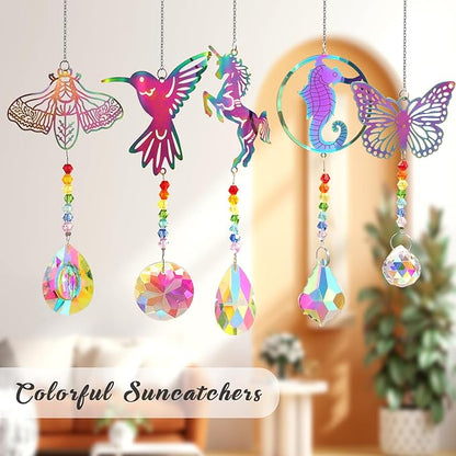 Crystal Suncatchers with Prisms Hanging Window Sun Catcher Decor Indoor Rainbow Maker Ornament Hummingbird Butterfly Prism Suncatchers Gift, Animal Sun Catchers Pack of 5