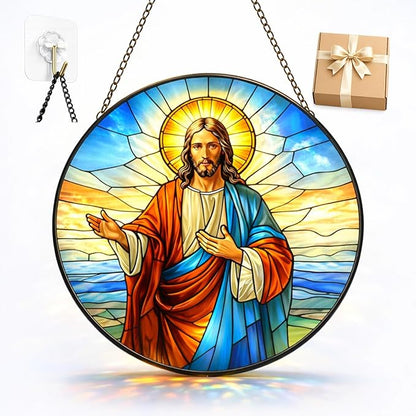 Jesus Suncatcher Window Hanging, 7.8" Stained Glass Christian Faith Gift for Mom and Grandma, Inspirational Religious Decor for Window, Prayer Room, Sunroom, Office
