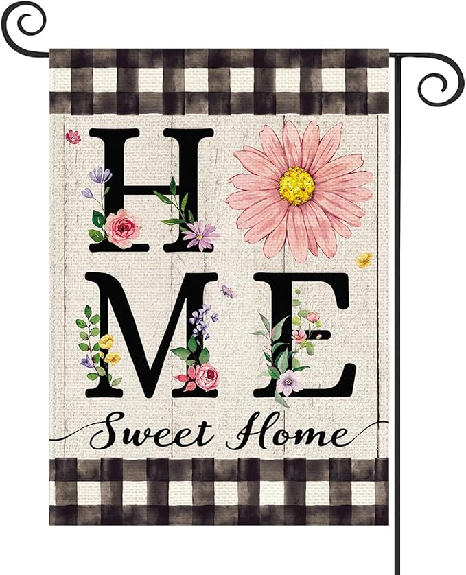 ORTIGIA Spring Summer Daisy Garden Flag Burlap Double Sided Home Sweet Home Floral Flower Small Flag Farmhouse Buffalo Plaid Floral Yard Lawn Patio Outside Outdoor Seasonal 12.5x18 Inch