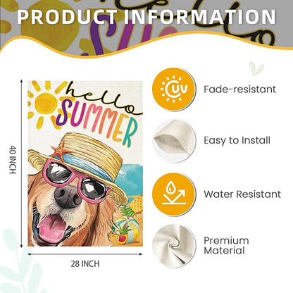 Hello Summer House Flags for Outdoor Decoration, Dog with Sunglass Beach Sun Hat Large Yard Flag, Seasonal Decorative Celebration Decor for Spring Farmhouse Holiday Outside 28x40 Inch Vertical Double Sided