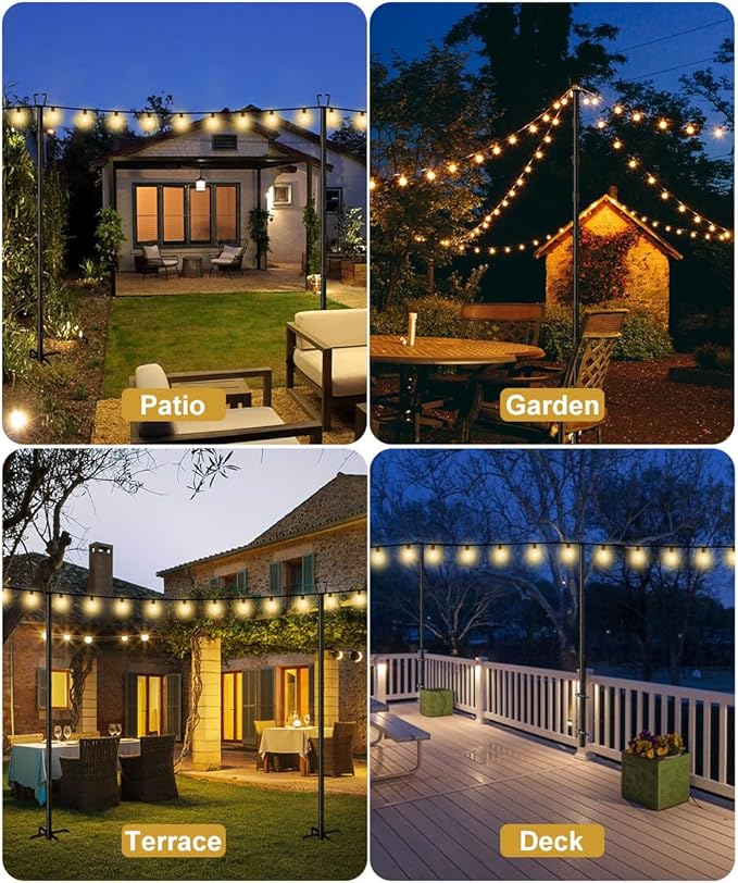 10FT String Light Poles for Outdoor Decor, Sturdy Light Pole with Fence Brackets, Adjustable Metal Posts for Outside Patio, Backyard, Deck, Garden, Party, Wedding