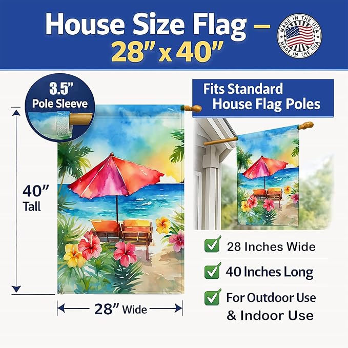Caroline's Treasures Hawaii Hawaiian Hibiscus in Watercolor House Flag Large Porch Sleeve Pole Decorative Outside Yard Banner Artwork Wall Hanging, Polyester, House Size, Multicolor
