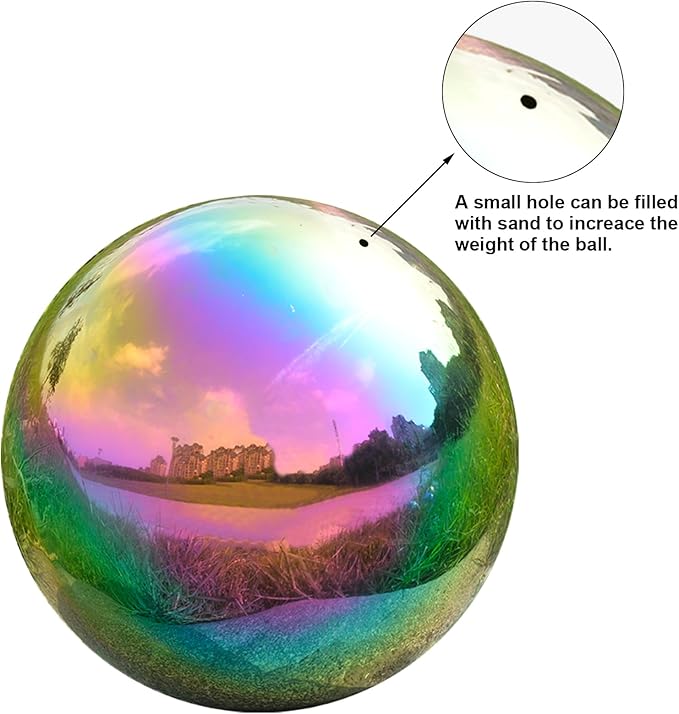 Nerien 10 Inch Gazing Ball, Stainless Steel Garden Mirror Globe, Polished Ornament Sphere, Hollow Floating Reflective Hemisphere, Home Outdoor Pond Housewarming Swimming Pool Decoration Gift, Rainbow