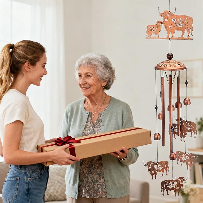Highland Cow Outdoor Decor - Metal Wind Chimes Cows Gifts with Card for Women Men Wife Grandma Outside Indoor Hanging Decoration for Garden Lawn Patio Balcony Birthday Christmas Memorial Gift