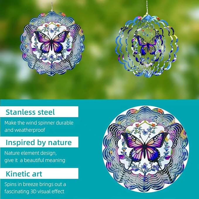 Metal Wind Spinners Outdoor Hanging Wind Spinner for Yard and Garden Decor for Outside,12In 3D Stainless Steel Butterfly Wind Chime Gifts of Christmas for Women Mom