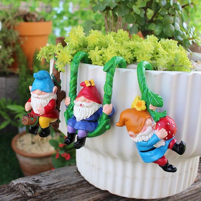 Set of 3 Cute Climbing Gnome Figurines Flower Pot Hugger, Resin Hanging Gnomes Statue Outdoor Decor Fence Ornaments for Patio Lawn Garden Yard (Swing Gnome)