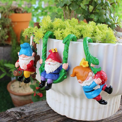 Set of 3 Cute Climbing Gnome Figurines Flower Pot Hugger, Resin Hanging Gnomes Statue Outdoor Decor Fence Ornaments for Patio Lawn Garden Yard (Swing Gnome)