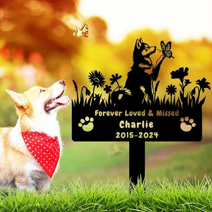 Custom Husky Dog Memorial Grave Marker,Personalized Metal Flora Dog Memorial Stake,Dog Memorial Plaque Burial Stake Engraved Sign,Sympathy Grave Stake for Lost Dog,Dog Statue Headstone