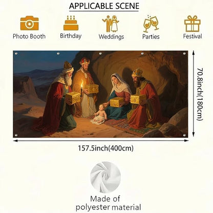 HOMETITUTE 13x6ft Three Wise Men Nativity Scene Garage Door Banner Baby Jesus Mary Polyester Large Outdoor Xmas Decoration for Holiday Party Winter Yard Home School Church Community Display