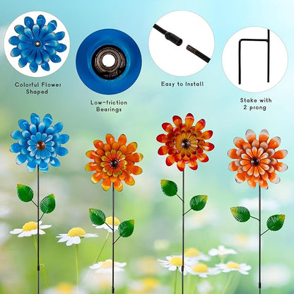 4 Pcs Wind Spinners Outdoor, Small Metal Flower Windmill, Colorful Pinwheels Decorative Garden Stakes for Yard Patio Lawn Garden Decor, 26 x 5 Inches