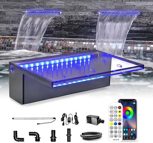 LONGRUN 30cm Pond Waterfall Blade,Acrylic Pool Fountain with RGB Bluetooth LED Light, Complete Waterfall & Stream Kits for Outdoor Water Features