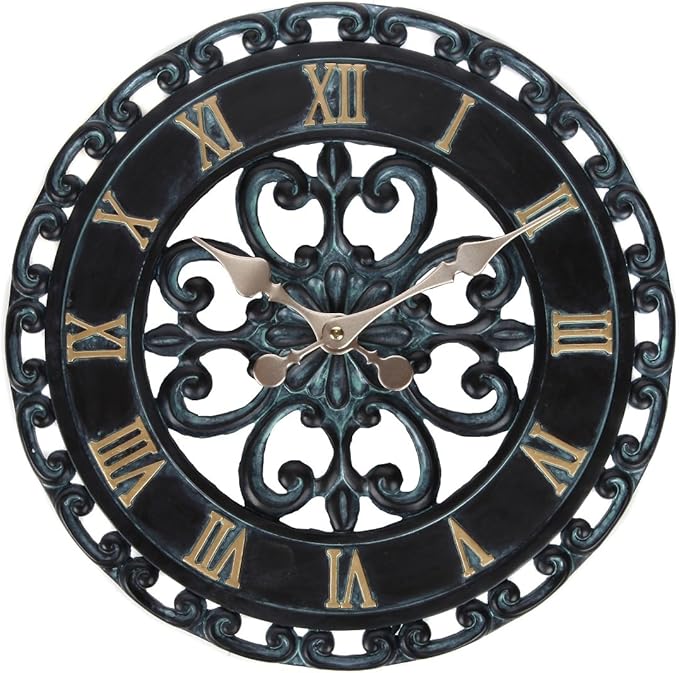 Lily's Home Hanging Verdigris Wall Clock, Ideal for Indoor or Outdoor Use, Makes a Great Housewarming Gift, Black (13.5 Inches)