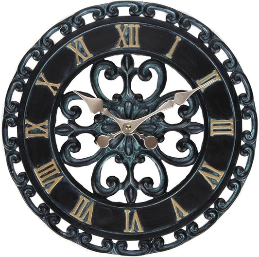 Lily's Home Hanging Verdigris Wall Clock, Ideal for Indoor or Outdoor Use, Makes a Great Housewarming Gift, Black (13.5 Inches)