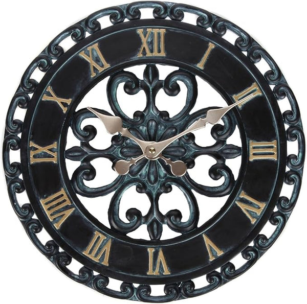 Lily's Home Hanging Verdigris Wall Clock, Ideal for Indoor or Outdoor Use, Makes a Great Housewarming Gift, Black (13.5 Inches)