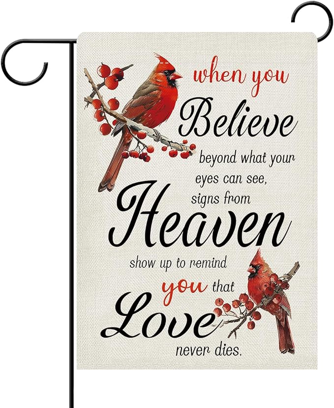 Dyrenson Memorial Cardinal Decorative Garden Flag, When You Believe Beyond What Your Eyes Can See Cemetery Yard Outside Home Decoration, Red Berry Burlap Outdoor Small Decor Double Sided 12 x 18