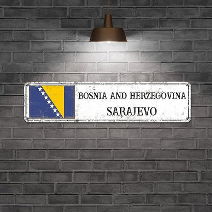 Bosnia and Herzegovina Custom Street Sign Bosnia and Herzegovina Flag Signs Capital City of Bosnia and Herzegovina Metal Sign Road Rustic Wall Art Home Decor Gift for Foreign Friend, Neighbor 24x6in