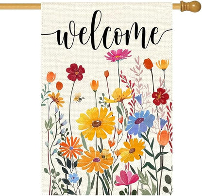 Spring Summer House Flag 28x40 Inch Double Sided Outside Welcome Wildflower Daisy Floral Outdoor Seasonal Decorative Large Garden Flag Decor 1-28
