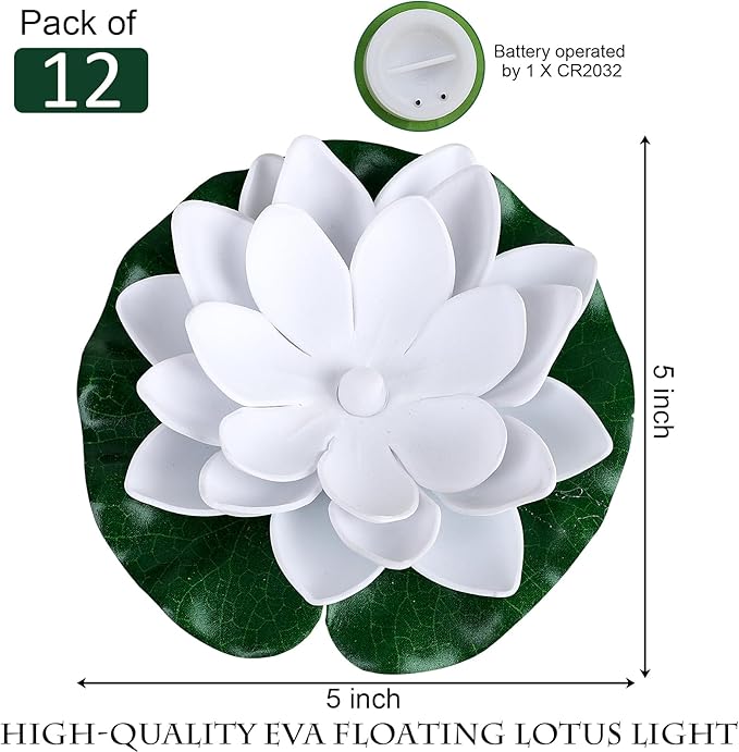 12PCS Waterproof Floating Lotus Light, 5 Inch Floating Lily Flower Water Activated Artificial Flowers Battery Operated Warm White Light for Wedding Pool Anniversary Garden Decor