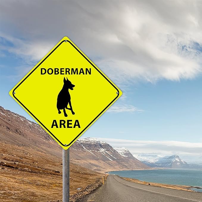 Warning Doberman Area Aluminum Metal Sign Doberman Dog Caution Crossing Xing Street Sign Yellow Diamond Shape Funny Metal Sign For Indoor Outdoor 10x10in