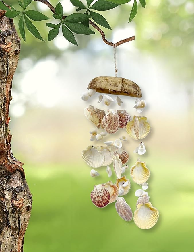 Seashell Windchime Coastal Hanging Decor – Clam Shell Coconut Beach Wind Chime Indoor Outdoor Patio Garden Gift 18”