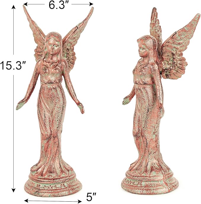 Sungmor Vintage Cast Iron Angel Statue - Rustic Decorative Figurine for Garden, Shelf or Mantel - 15.3" Tall Heavy Duty Patina Finish, Indoor/Outdoot Angel Sculpture