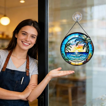 Stained Glass Window Hanging, Summer Beach Window Hanging Light Catcher, Outdoor Light Catcher Garden Decor, Tropical Kitchen Wall Decor Decorative Patios (Beach)