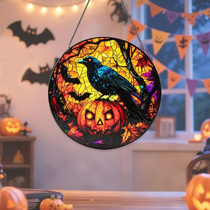 Stained Glass Window Hanging, Halloween Decorations Evil Crow Pumpkin Maple Leaf Suncatcher for Doors Garden Indoor Funny Spooky Sun Catchers Gothic Decor for Women, Men, and Mom 7.8 in