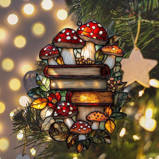 Forest Stack of Books Acrylic Suncatcher Stained Glass Effect Window Car Hanging Christmas Ornament Indoor Outdoor Decor Garden Sun Catcher Panel for Book Lover for Women Mom Grandma