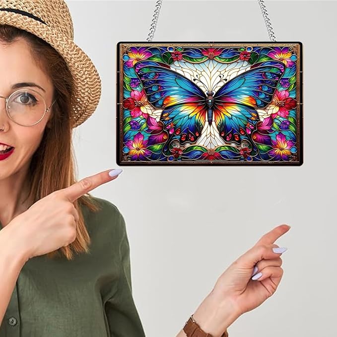 Stained Glass Style Rectangular Window Hanging Decor - Acrylic Colorful Butterfly & Flower - Suncatchers for Bedroom, Garden, Ideal for Home Decoration for Butterfly Lovers