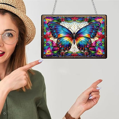 Stained Glass Style Rectangular Window Hanging Decor - Acrylic Colorful Butterfly & Flower - Suncatchers for Bedroom, Garden, Ideal for Home Decoration for Butterfly Lovers