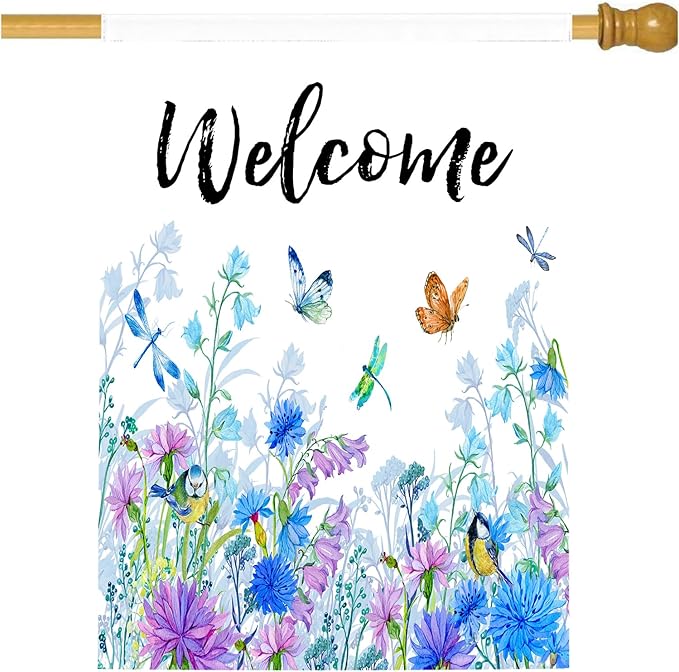 Welcome Garden Flag 28 X 40 In Outdoor Outside Floral Mini Summer Spring Blue Flower Butterfly Dragonfly Bird Yard House Flags Farmhouse Sign For Home Garden Decoration Banner