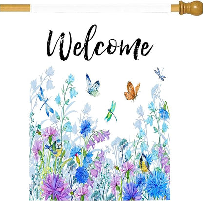 Welcome Garden Flag 28 X 40 In Outdoor Outside Floral Mini Summer Spring Blue Flower Butterfly Dragonfly Bird Yard House Flags Farmhouse Sign For Home Garden Decoration Banner