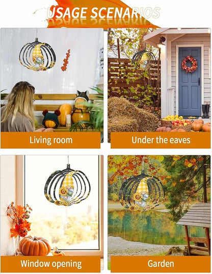Gnomes Black Wind Spinners Outdoor Inoor, Decorative Hanging Pumpkin Ornaments for Yard Patio Garden, Yellow Sunflower Floral Bee Summer Spring Stainless Steel Metal Wind Sculpture Suspension Trim, 8"
