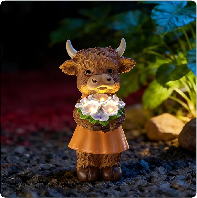 Solar-Powered Resin Highland Cow Statue with Orange Skirt & Light-Up Purple Flower Bouquet - Garden Decor for Patio, Lawn, Porch or Entryway