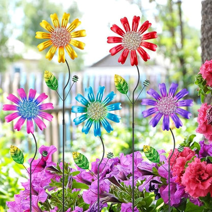 Metal Flower Garden Stakes Yard Art,5 Pcs Colorful Flower Bed Decor Yard Stakes for Outside with Beads for Outdoor Lawn Porch Pathway Patio
