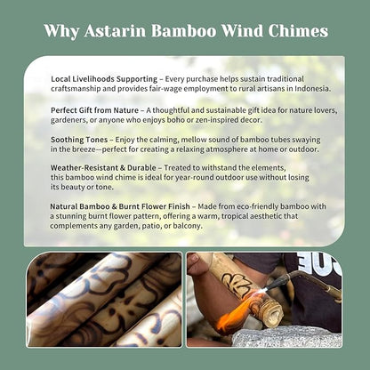ASTARIN Bamboo Wind Chimes for Outside,Handcrafted Wooden Wind Chimes for Outside with Coconut Crown, Floral Burned Design Bamboo Windchimes for Garden,Yard,Home(35 Inch)(FSC Certified)