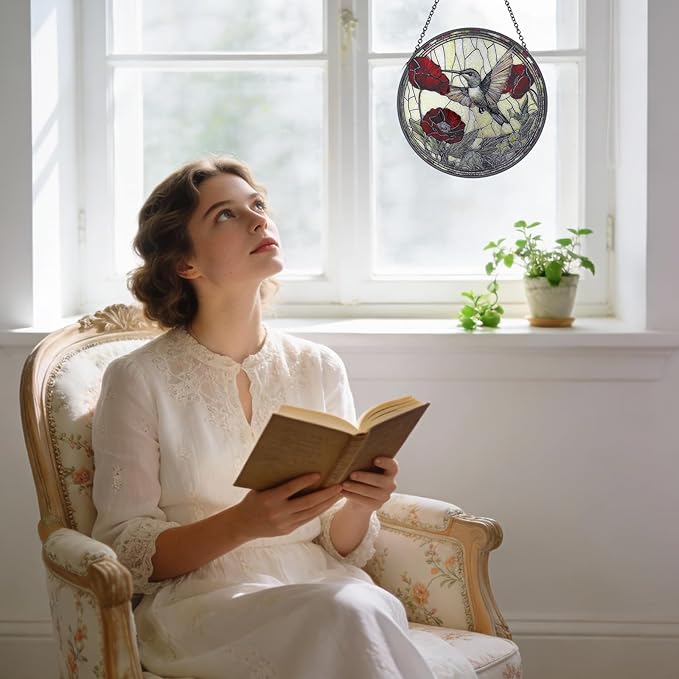 Stained Glass Window Hanging - 6.3 Inch Hummingbird Red Flower Suncatcher, Bird Suncatchers for Window Home Door Wall Garden Outdoor Decor and Birthday, Hummingbird Gifts for Adults Women Men Mom