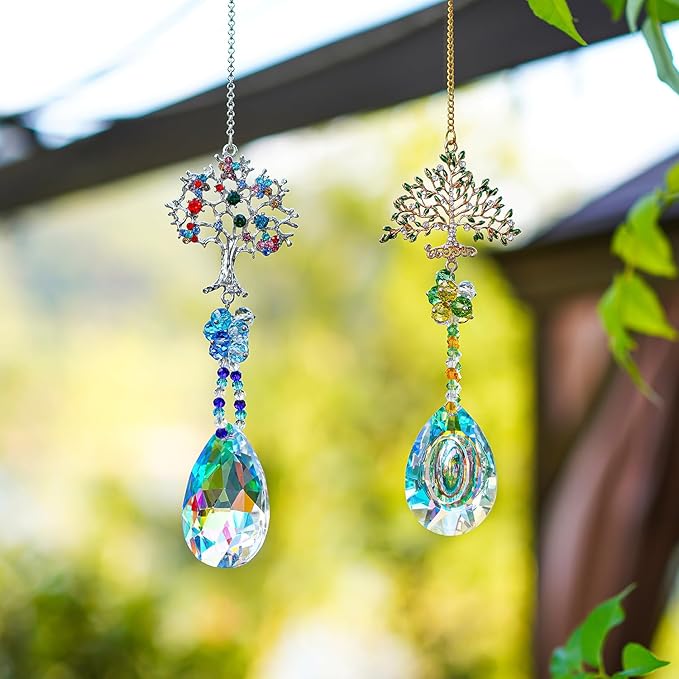 Crystal Suncatchers Window Crystals Hanging Suncatcher Colorful Glass Beads Chain Wind Chimes for Garden Outdoor Pendant Home Decor Gifts (2Pack- Tree of Life)