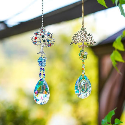 Crystal Suncatchers Window Crystals Hanging Suncatcher Colorful Glass Beads Chain Wind Chimes for Garden Outdoor Pendant Home Decor Gifts (2Pack- Tree of Life)