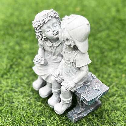 Elenon Boy and Girl Garden Statue Decor, Couple First Kiss Garden DecorativeSculpture for Yard Patio Art Flower Bed Decoration, 8 1/4" L x 4 3/4" W x 9" H