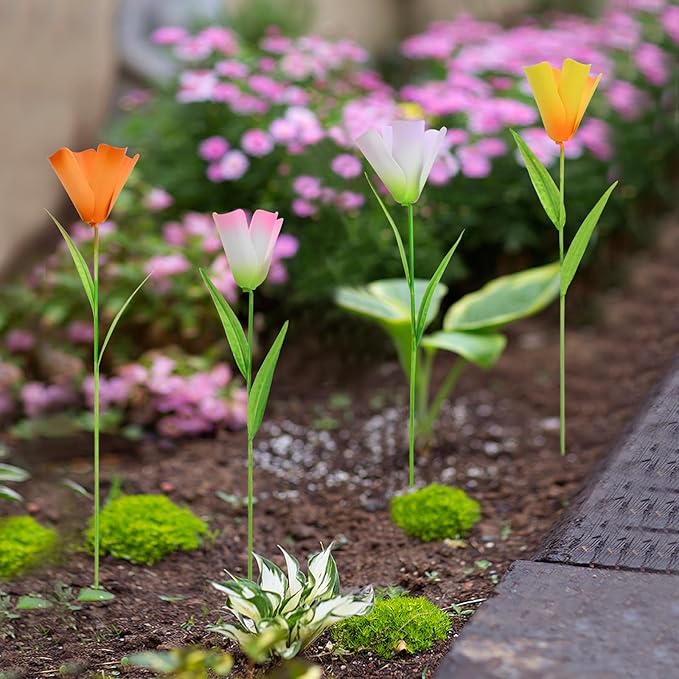 Linfevisi Outdoor Garden Decoration Flower Tulip Garden Stakes Metal Yard Art Signs Spring Decor Floral Lawn Ornaments Outside Plant Picks for Patio Porch Pathway 16.25 Inch Tall(Set of 4) (A)
