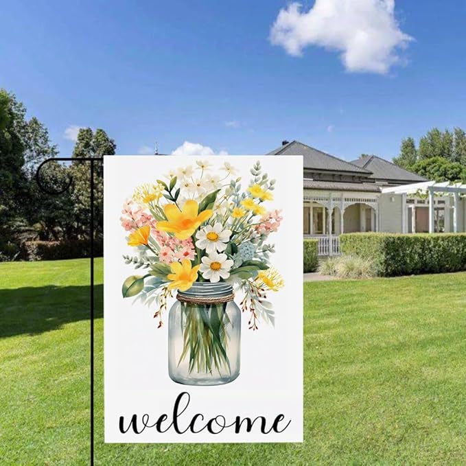 Gkyygk Welcome Flower Mason Garden Flag 12x18 Double Sided Banners Yard Flag Welcome Seasonal Farmhouse Yard Outside Decoration