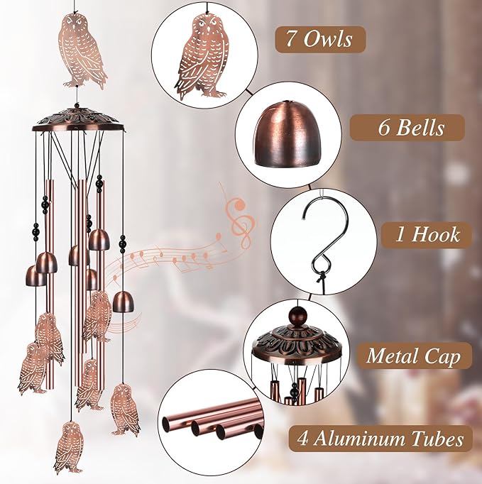 Briwooody Owl Wind Chimes for Outside Owl Gifts for Women Mom Metal Wind Chimes Memorial Birthday Decor for Outdoors Patio Garden Porch Home Yard Decoration