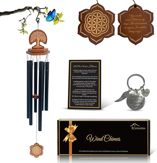 Outdoor Windchimes - Sympathy Gift for Loss of a Loved one, 36" Sympathy Gift Includes a Letter from Heaven & Keepsake Keychain, Deep Toned, Double Sided Engraving Hexagonal Pendant - Black