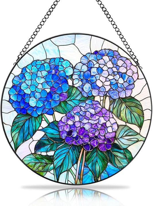 Handmade Hydrangea Flower Stained Glass Suncatcher - Vibrant Window Décor for Home/Garden,Gift-Ready Sun Catcher Art with Hook (Blue, 6.3 * 6.3IN)