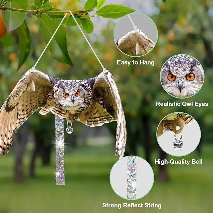 Owls to Keep Birds Away: 4Pcs Fake Owls with Reflective Tape for Garden Patio, Bird Scare Reflective Hanging Decoration to Keep Birds Pigeon from Windows Tree Garden