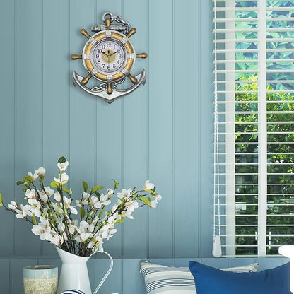 Anchor Outdoor Clock, Nautical Ship Wheel Rudder Wall Clock, Beach Sea Style Decorative Clock for Patio, Pool, Porch (Vintage Silver + Bronze)
